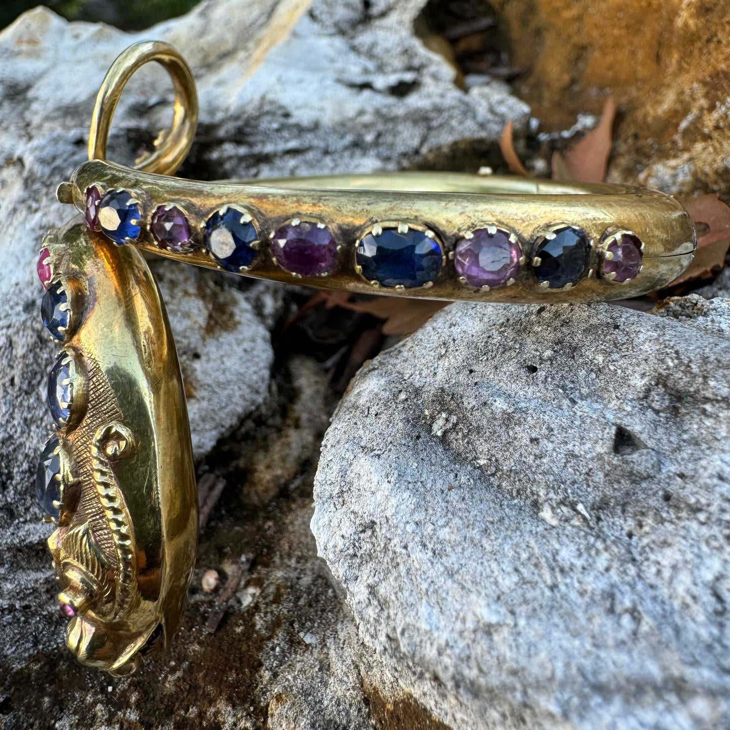Mid 1800’s 15k Yellow Gold Blue And Pink Sapphire Encrusted Snake Bracelet (6”-7”)