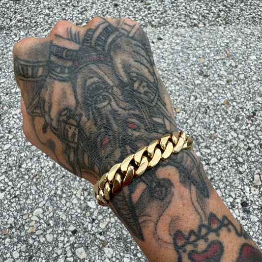 Mid-Century Solid 18k Yellow Gold Super Heavyweight Old School Miami Cuban Link Bracelet (7.75”)