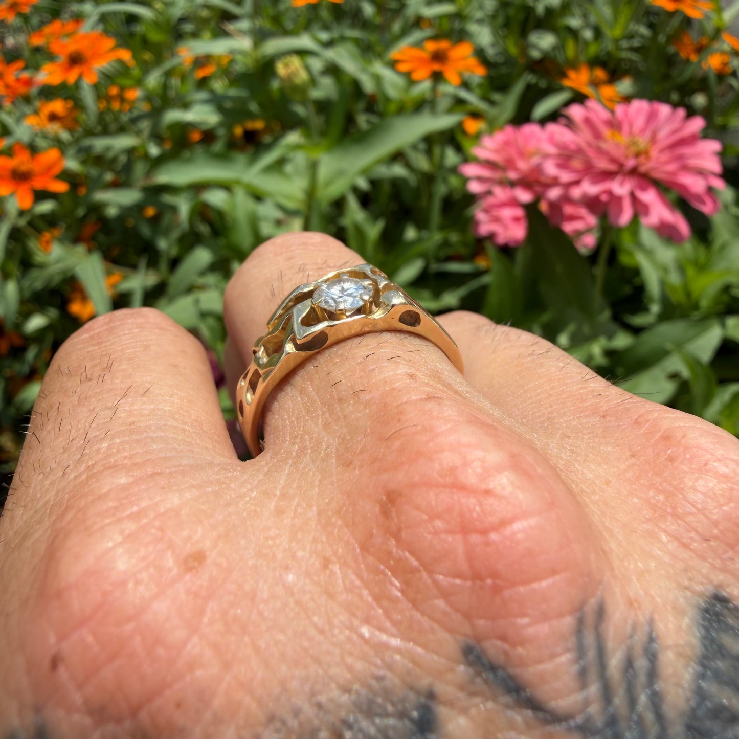Vintage Solid 14k Yellow Gold .85ct Natural Old Euro Cut Diamond Solitaire Nugget Ring (11.5)