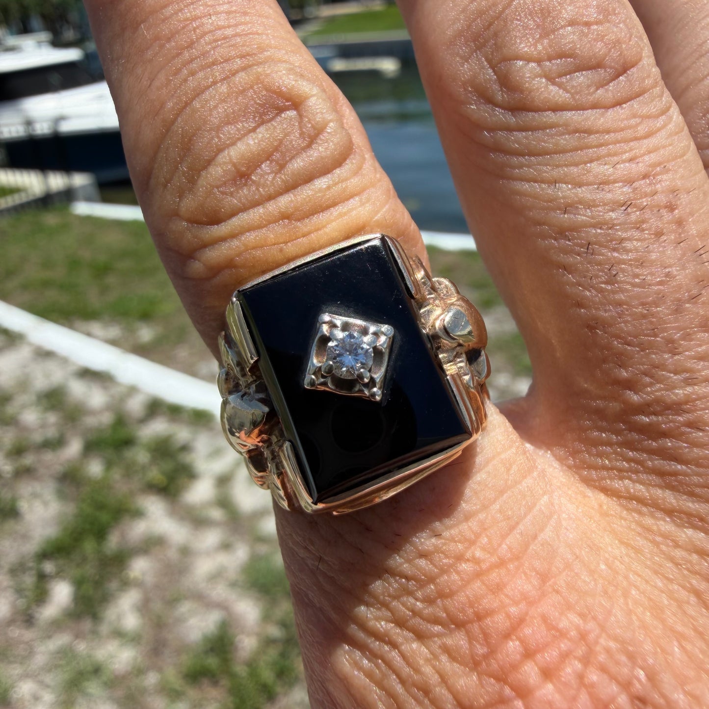 1940’s Solid 10k Yellow Gold Black Onyx Natural Diamond Solitaire Double Snake Signet Ring (9)