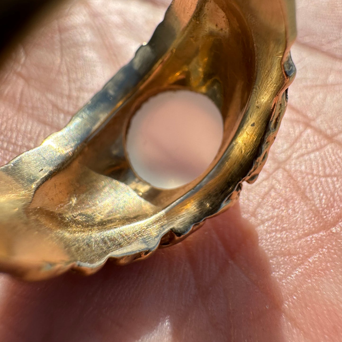 1970’s Solid 14k Yellow Gold Heavyweight Brutalist Moonstone Ring (9)
