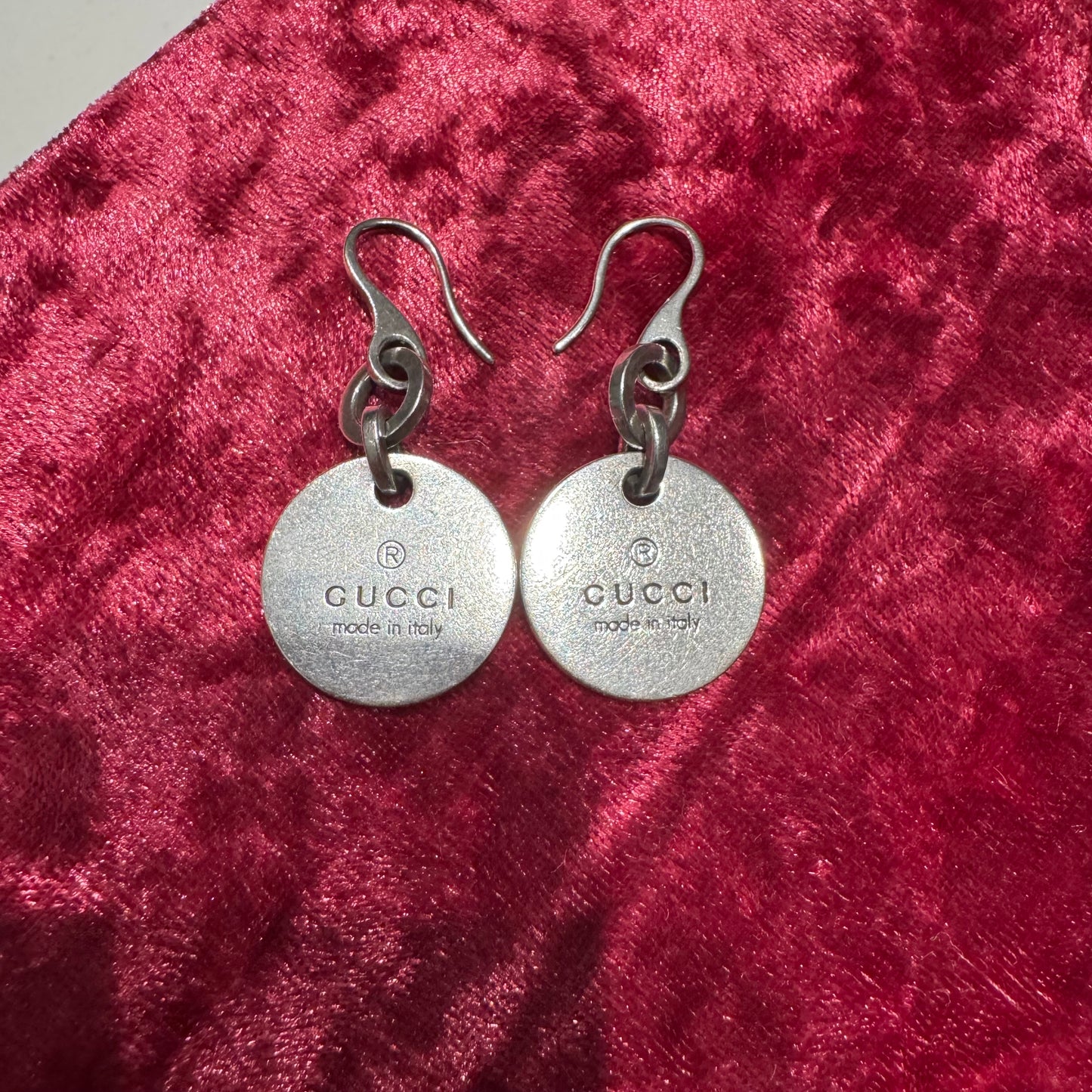 Gucci Solid Sterling/.925 Medallion Disc Monogram Dangle Drop Earrings
