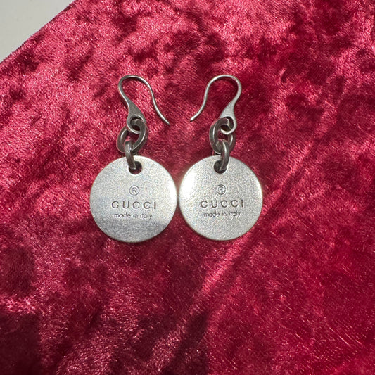 Gucci Solid Sterling/.925 Medallion Disc Monogram Dangle Drop Earrings