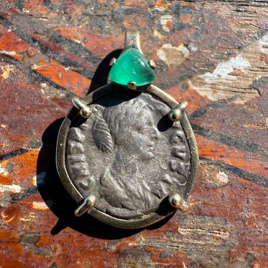 178 A.D Crispina Roman Empress Silver Denarius Solid 14k Yellow Gold Raw Emerald Pendant