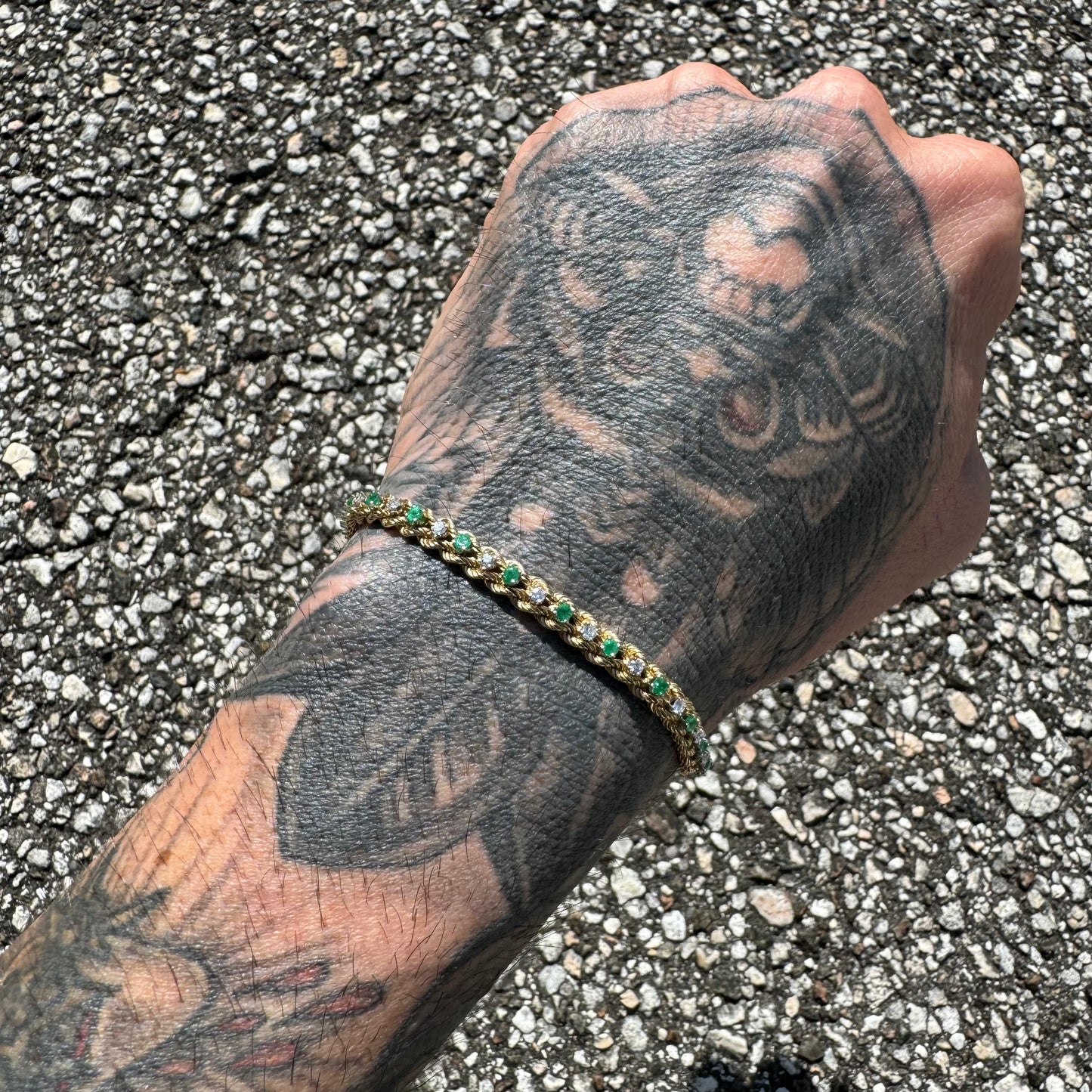 1980’s Solid 14k Yellow Gold 2.0CTW Natural Emerald And Diamond Double Rope Bracelet (7”)