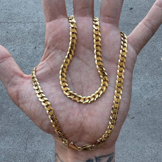 Vintage Solid 14k Yellow Gold Heavyweight Beveled Knife Edged Cuban Curb Link Necklace (22”)