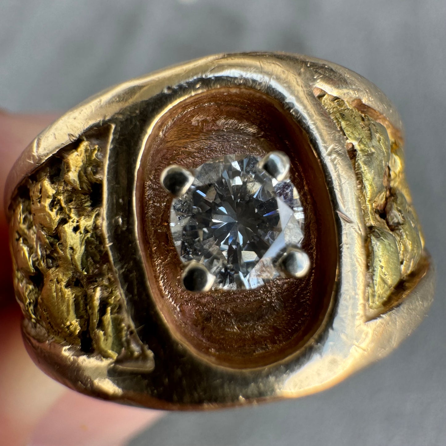 Vintage 14k Yellow Gold Raw 24k Nugget Inlaid .50Ct Natural Diamond Ring (11.5)