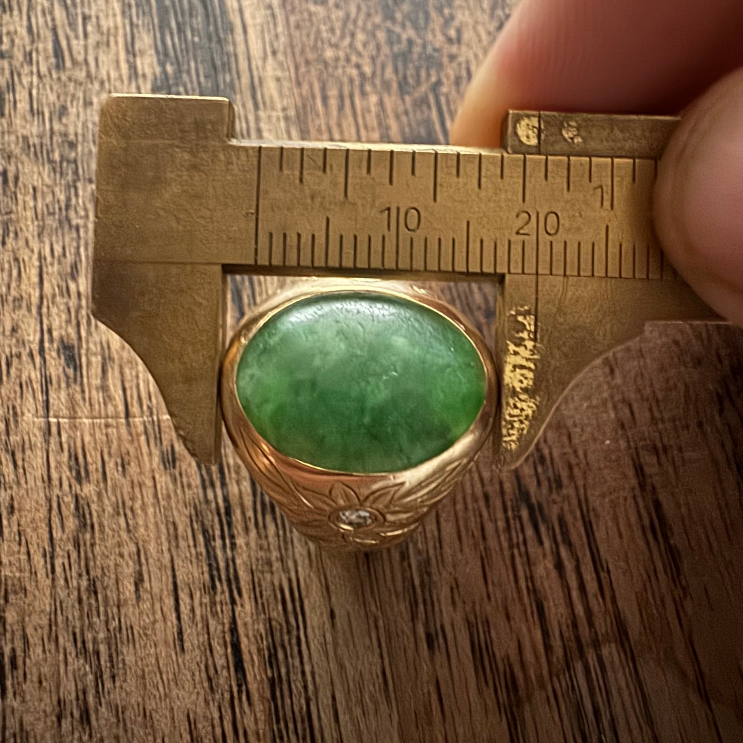 Art Deco Solid 14k Yellow Gold Jade & Diamond Dragon & Floral Carved Signet Ring By Larter And Sons (9.5)