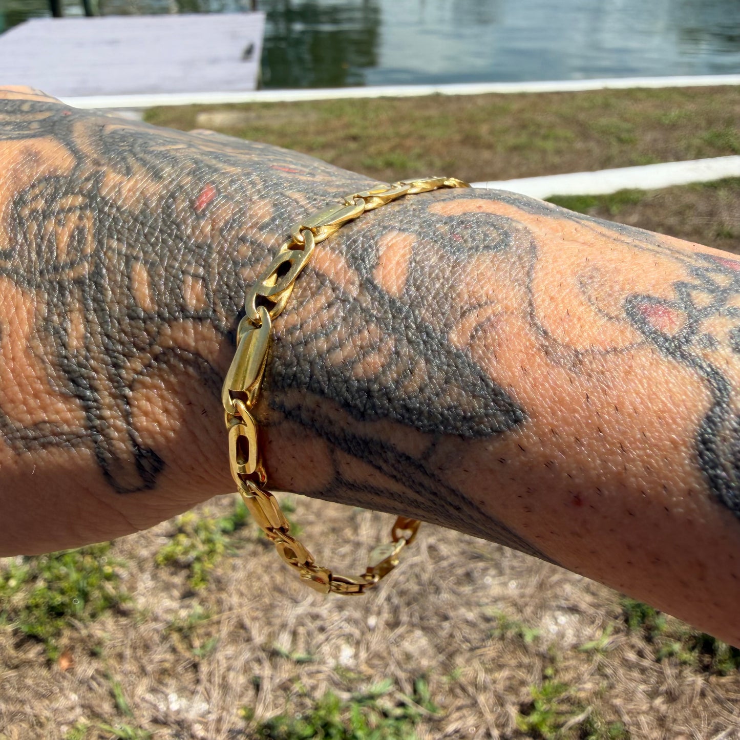 Vintage Solid 18k Yellow Italian Gold Tigers Eye Mariner Link Bracelet (8”)