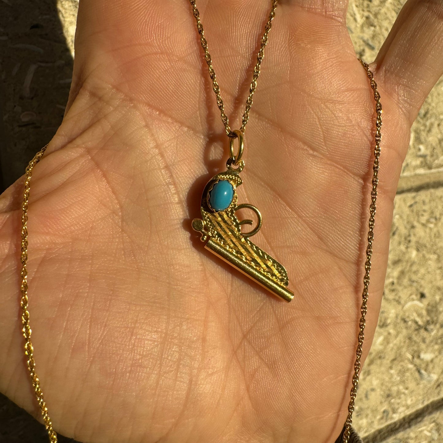 Mid-Century 18K Italian Yellow Gold Persian Turquoise Pistol Pendant