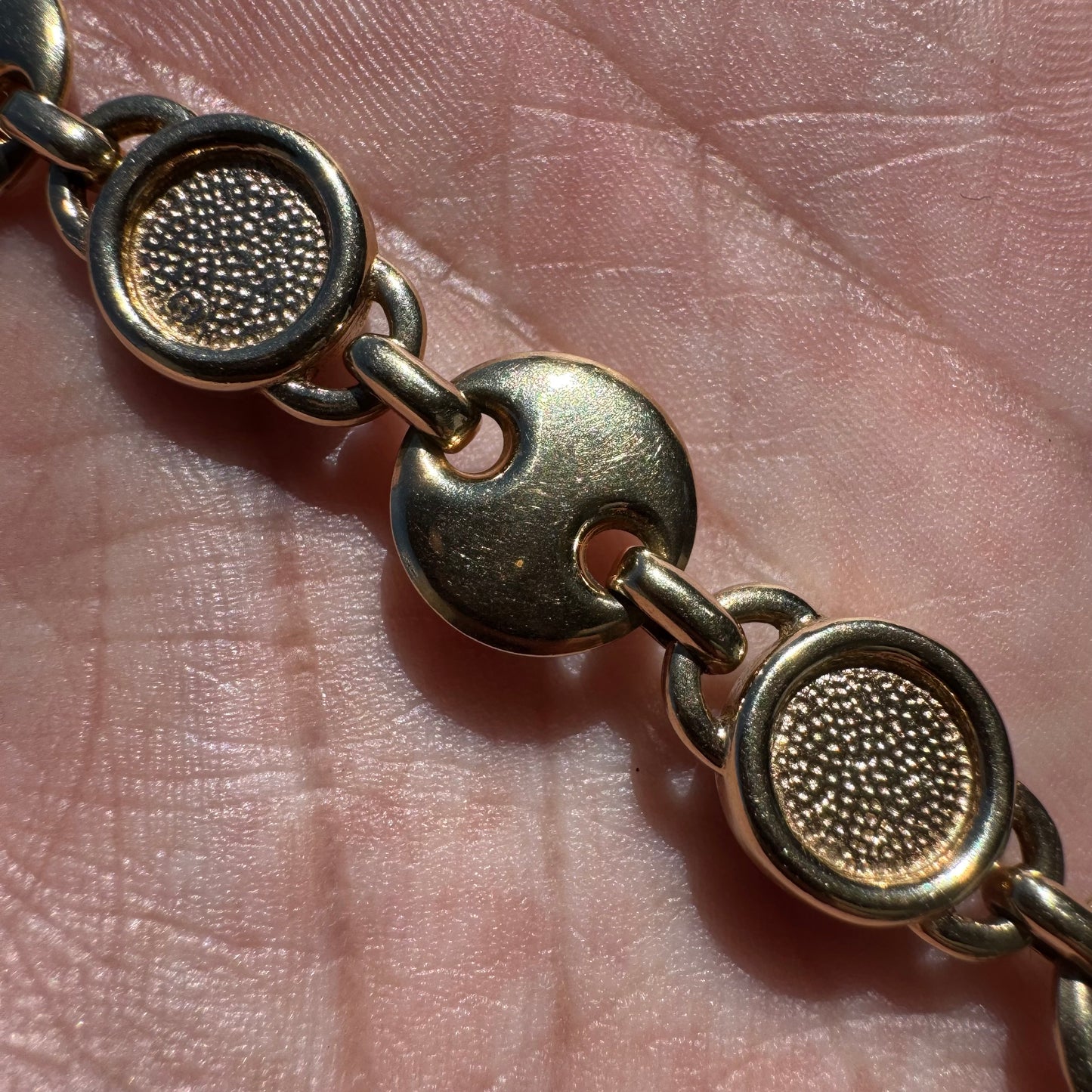 Vintage Solid 14k Italian Yellow Gold Bezel Set Multi Stone Heavyweight Puffed Gucci Bracelet (7.5”)