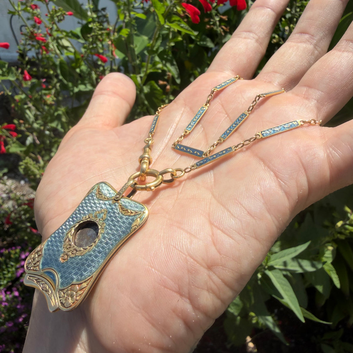 Victorian French 18k Yellow Gold Guilloche Enameled Watch Chain Cigar Cutter Fob Necklace Set (14”)