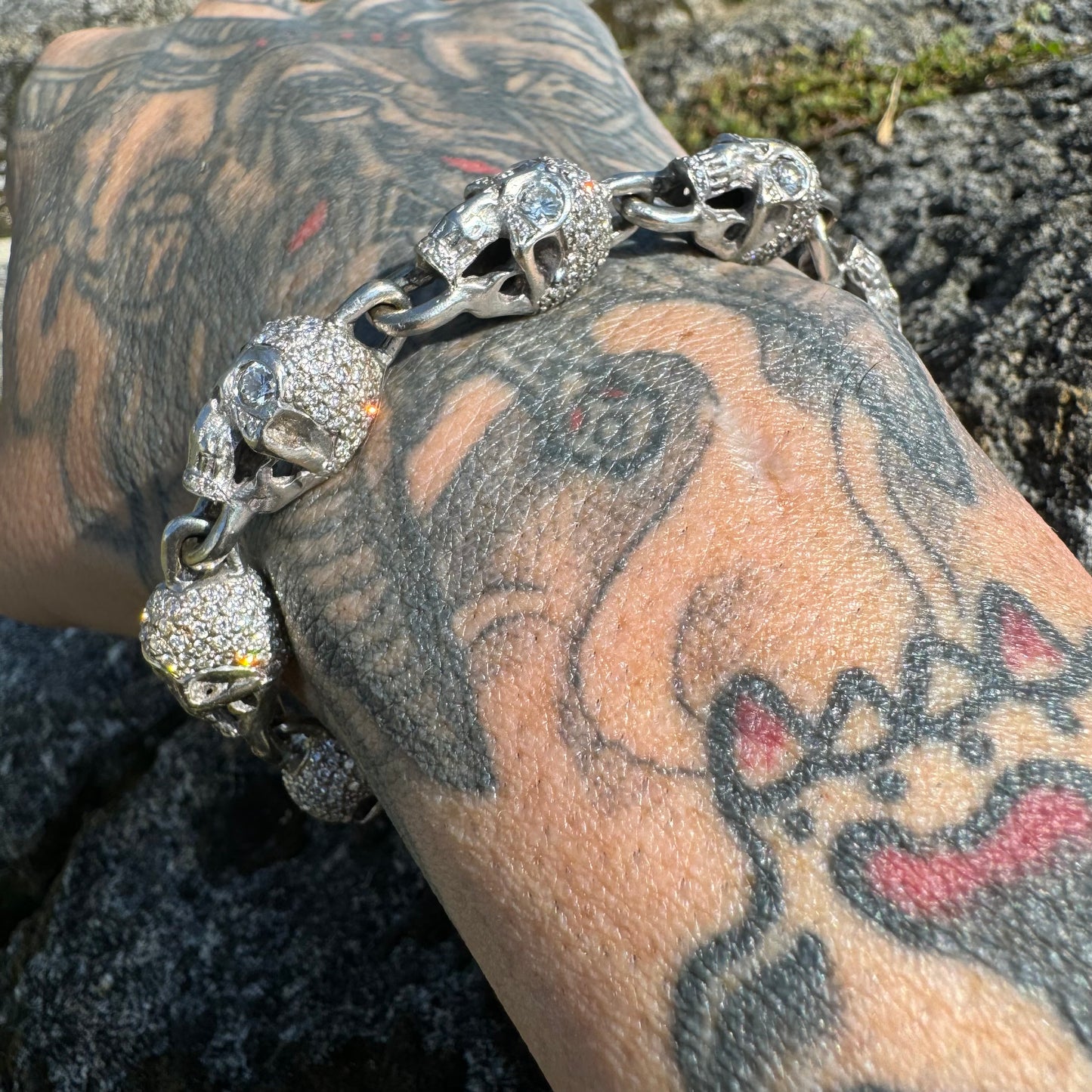 Vintage Solid 18k White Gold 21 CTW Natural Diamond Custom Skull Bracelet (7.25”)