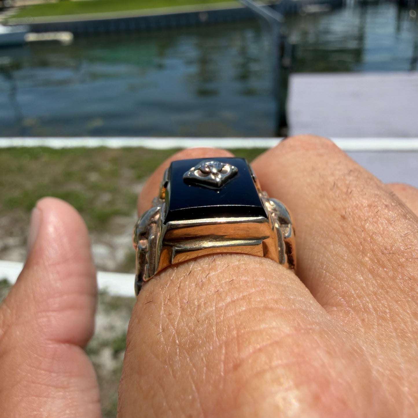 1940’s Solid 10k Yellow Gold Black Onyx Natural Diamond Solitaire Double Snake Signet Ring (9)