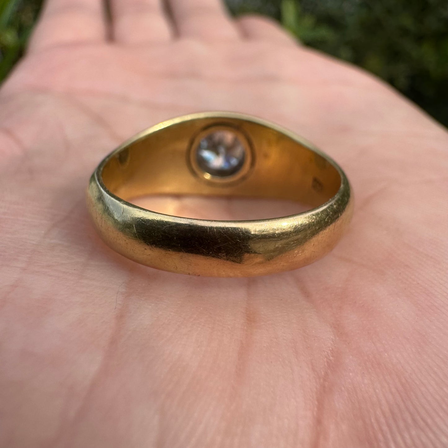 Antique Solid 18k Yellow Gold .91ct Old Euro Cut Diamond “Rub Over” Gypsy Ring (9.5)