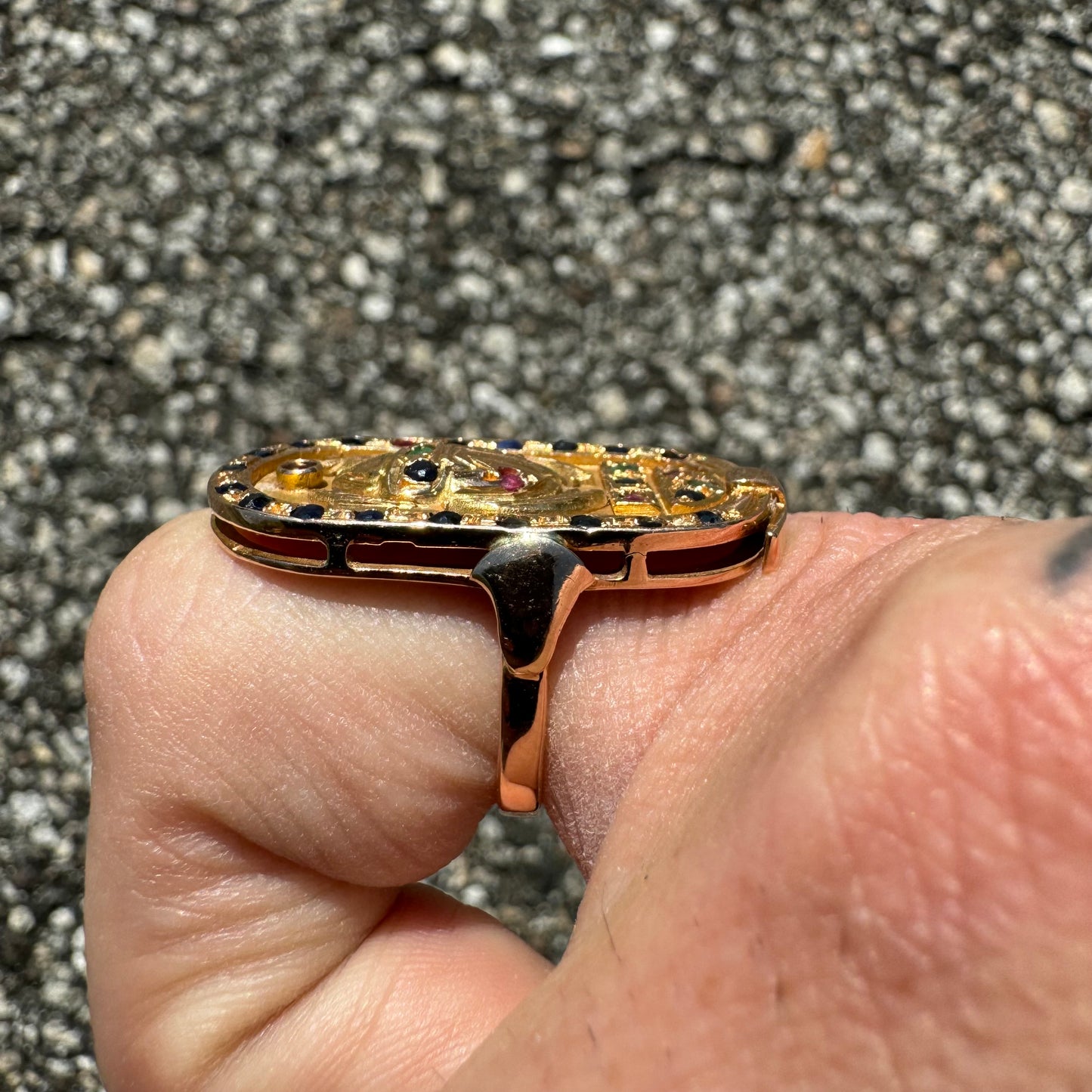 1960’s 18k Yellow Gold Egyptian Hallmarked Gemstone Encrusted Scarab Ring (5.75)