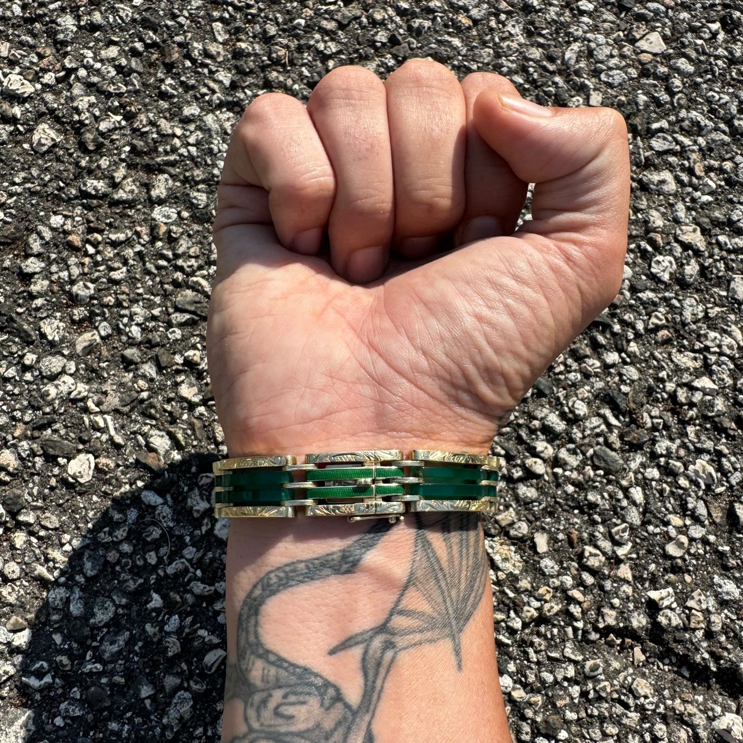 Art Deco Austro-Hungarian 14k Yellow Gold Chrysoprase Glass Enameled Floral Engraved Bracelet (7”)
