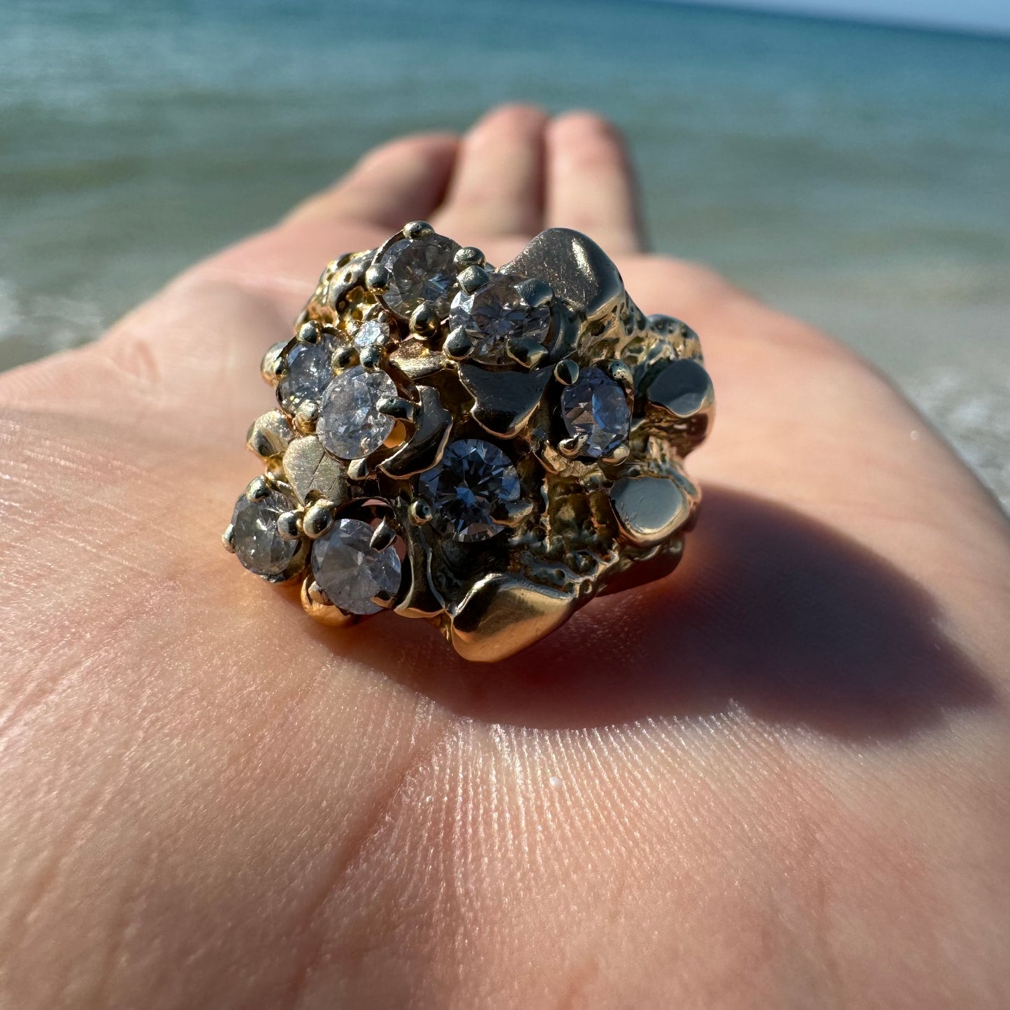 Vintage 14k Yellow Gold 2.0CTW Natural Diamond Nugget Cluster Ring (9.5)