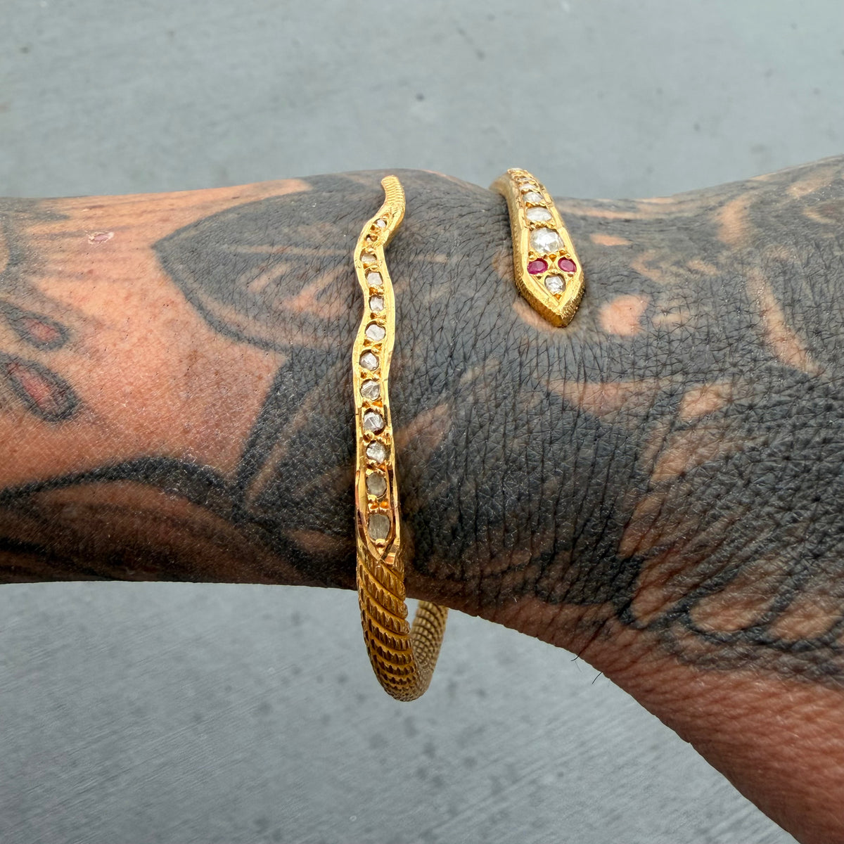 Antique Egyptian Solid 22.5k Yellow Gold Natural Rose Cut Diamond And Ruby Snake Bangle Bracelet (6.5”-8”)