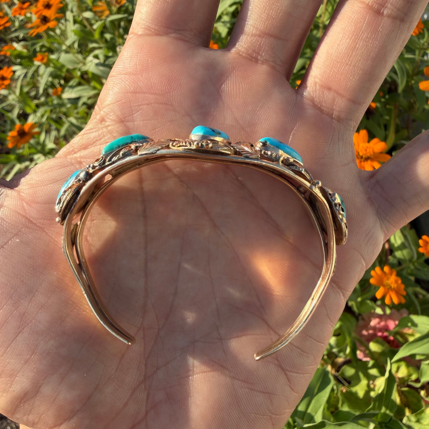Vintage Solid 14k Yellow Gold Navajo Artist Signed Justin Morris Kingman Turquoise Cuff (6”-7”)