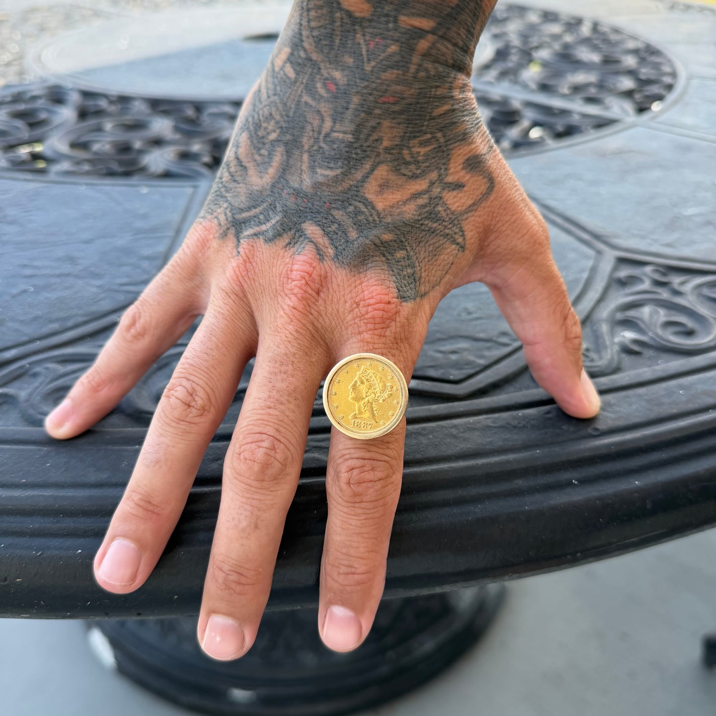 Vintage Bezel Set Solid 14k Yellow Gold 1887 $5 Liberty Coin Ring