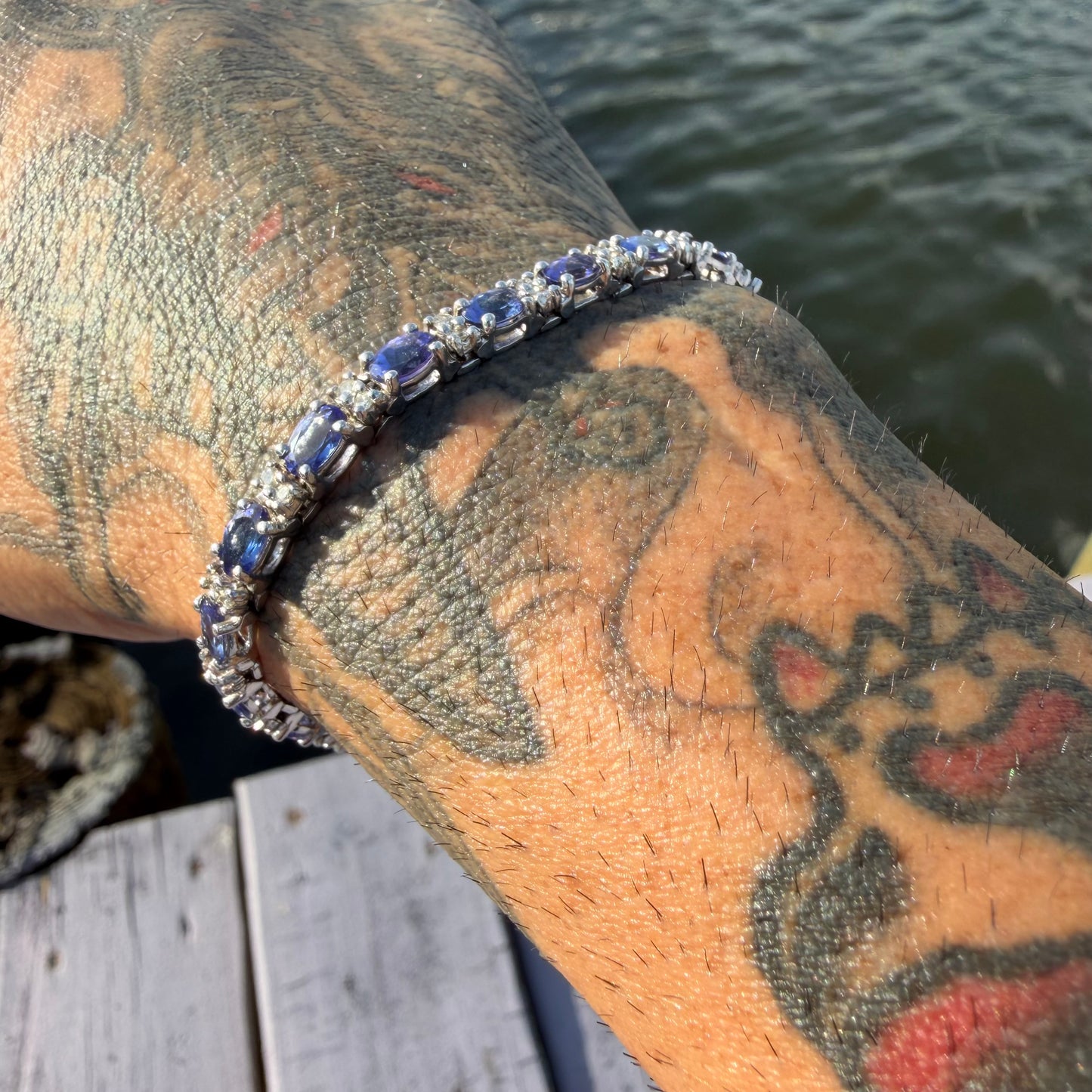Vintage Solid 14k White Gold 11.0ctw Natural Tanzanite And Diamond Tennis Bracelet (7.15”)