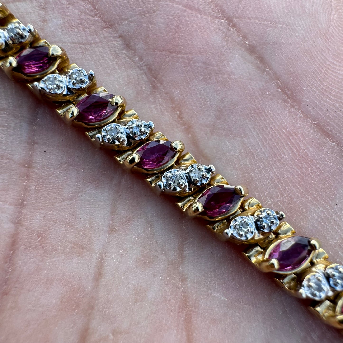 Vintage Solid 14k Yellow Gold 5.0Ctw Natural Ruby And .50ctw Diamond Tennis Bracelet (7.25”)