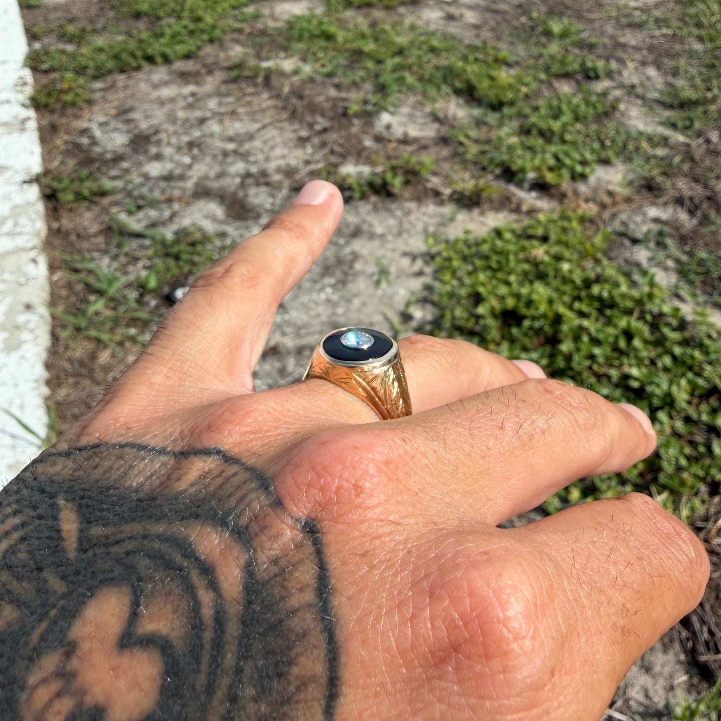 Art Deco Handcrafted Solid 18k Yellow Gold .56ct Natural Old Euro Cut Diamond Black Onyx Signet Ring (9)
