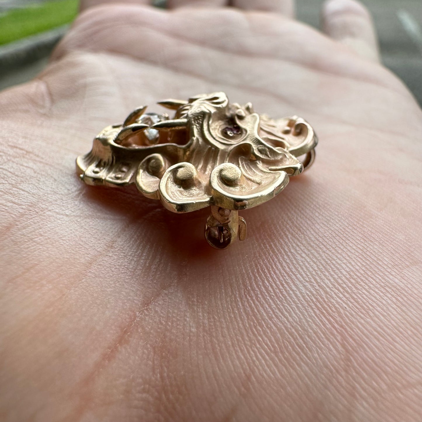 Art Nouveau 1910’s 10k Gold Mythical Beast .10Ct Old Euro Cut Diamond Pendant/Brooch
