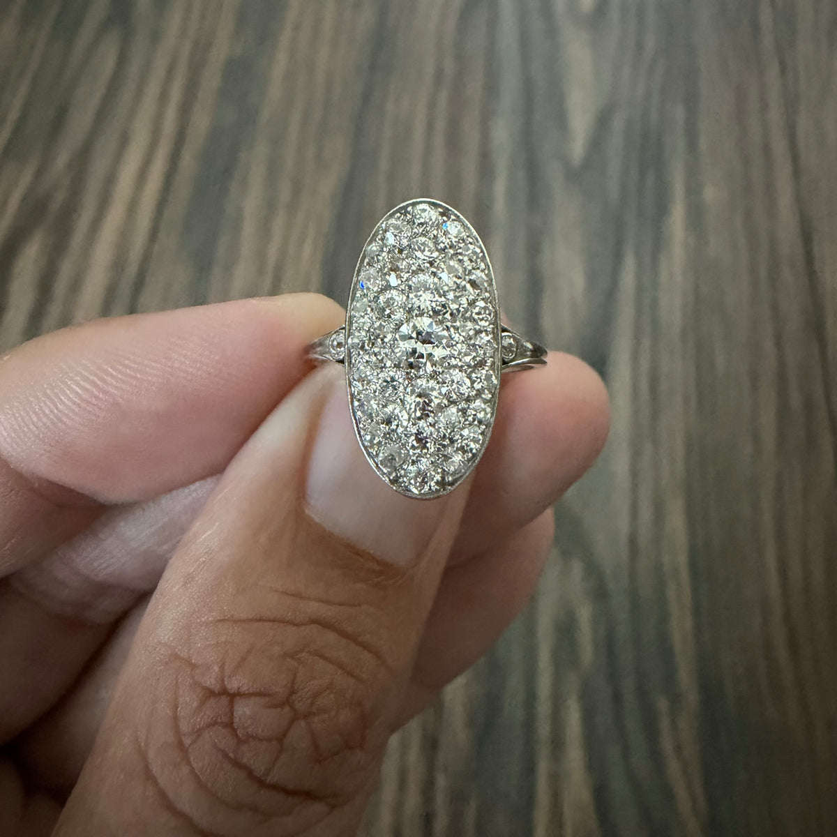 Victorian Solid Platinum 2.25ctw Natural Old Mine Cut Diamond Cluster Oval Navette Ring (7.5)
