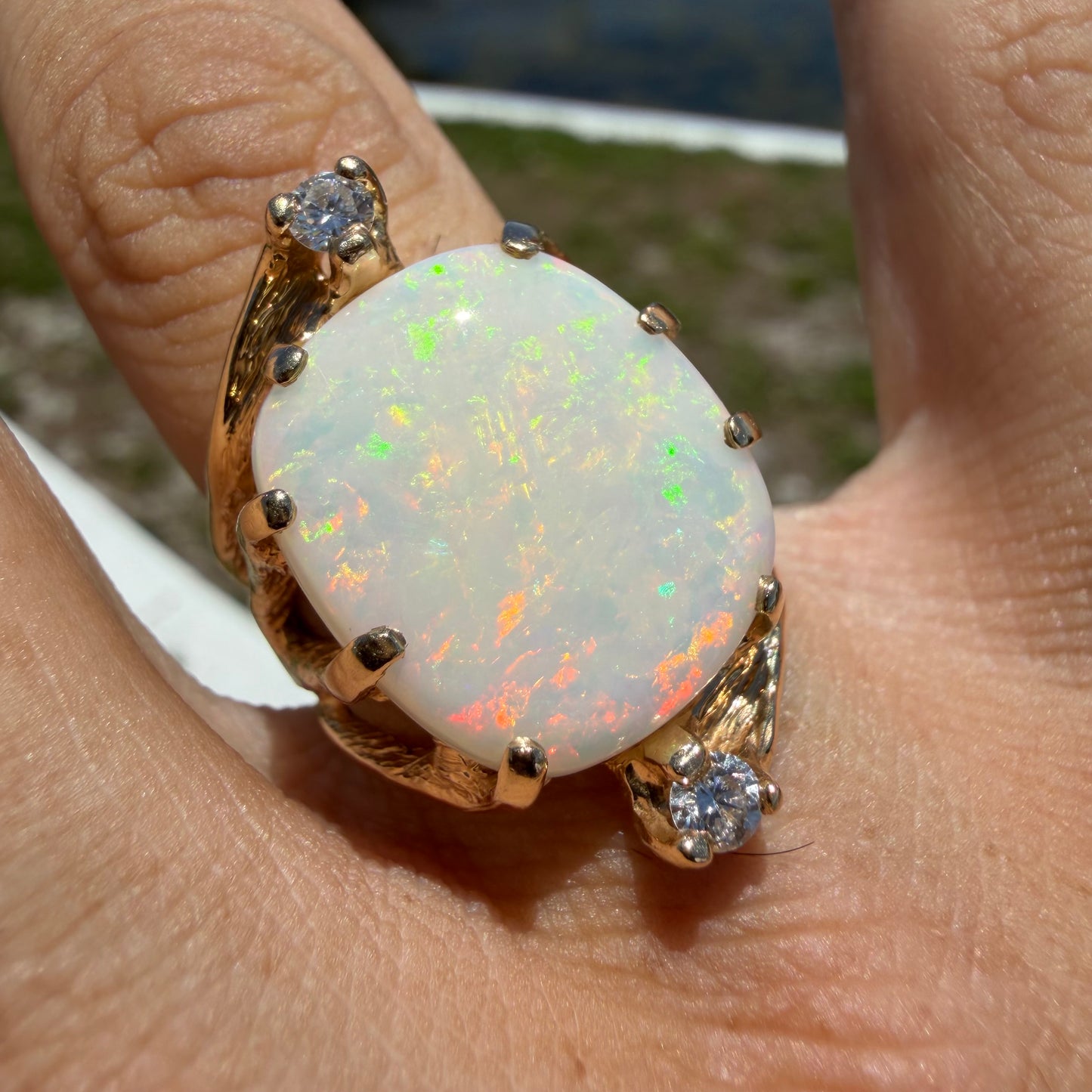 Vintage Artisan Crafted Solid 14k Yellow Gold Natural White Opal And Diamond Brutalist Ring (8)