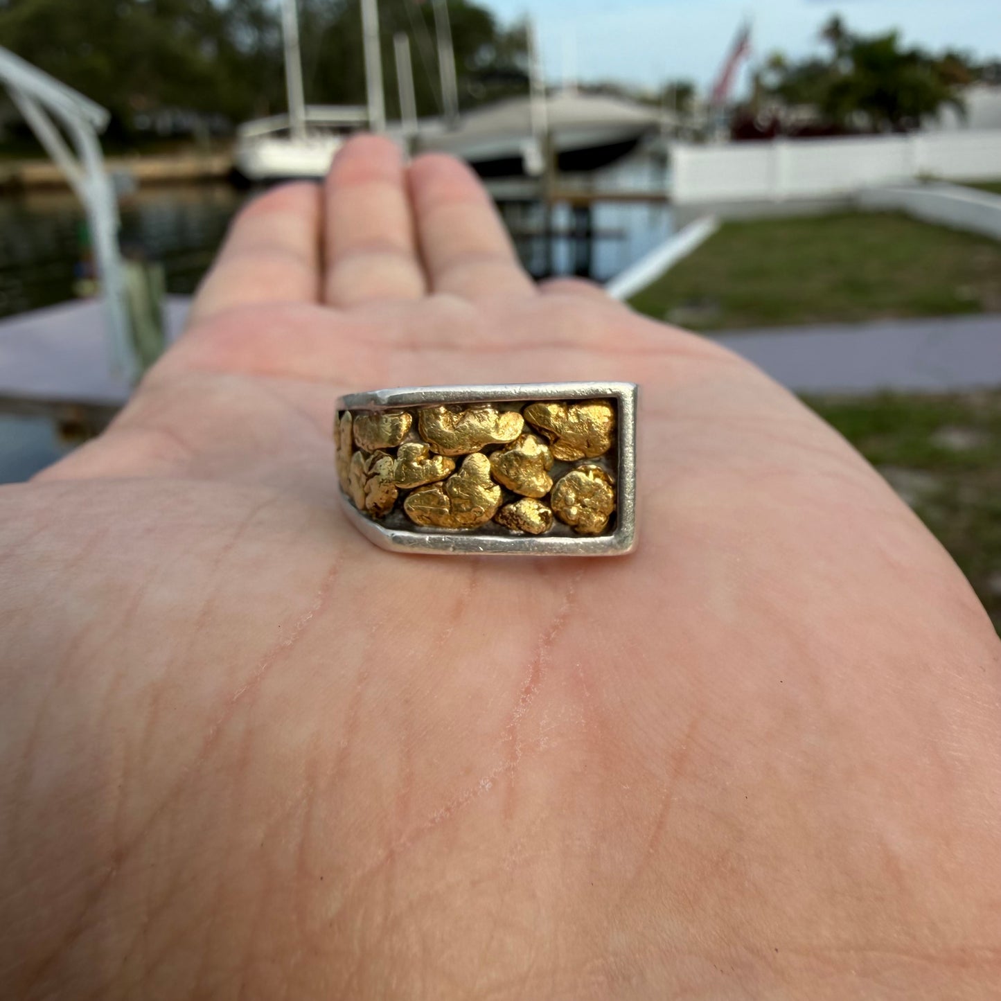Vintage Solid Sterling Silver 23k Raw Natural Gold Placer Nugget Signet Ring (11)
