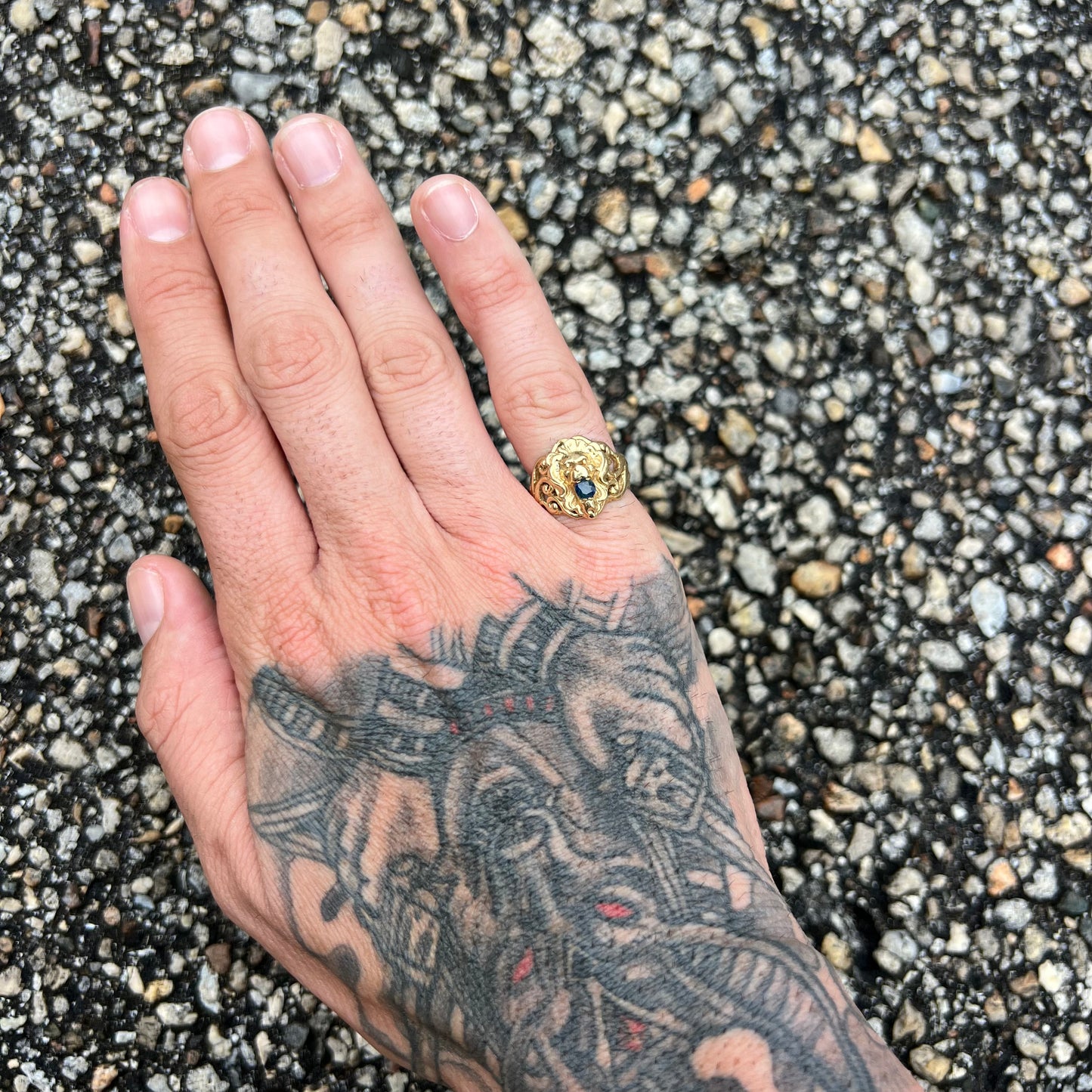 Art Nouveau 14k Yellow Gold Blue Sapphire Lion Ring (6.5)
