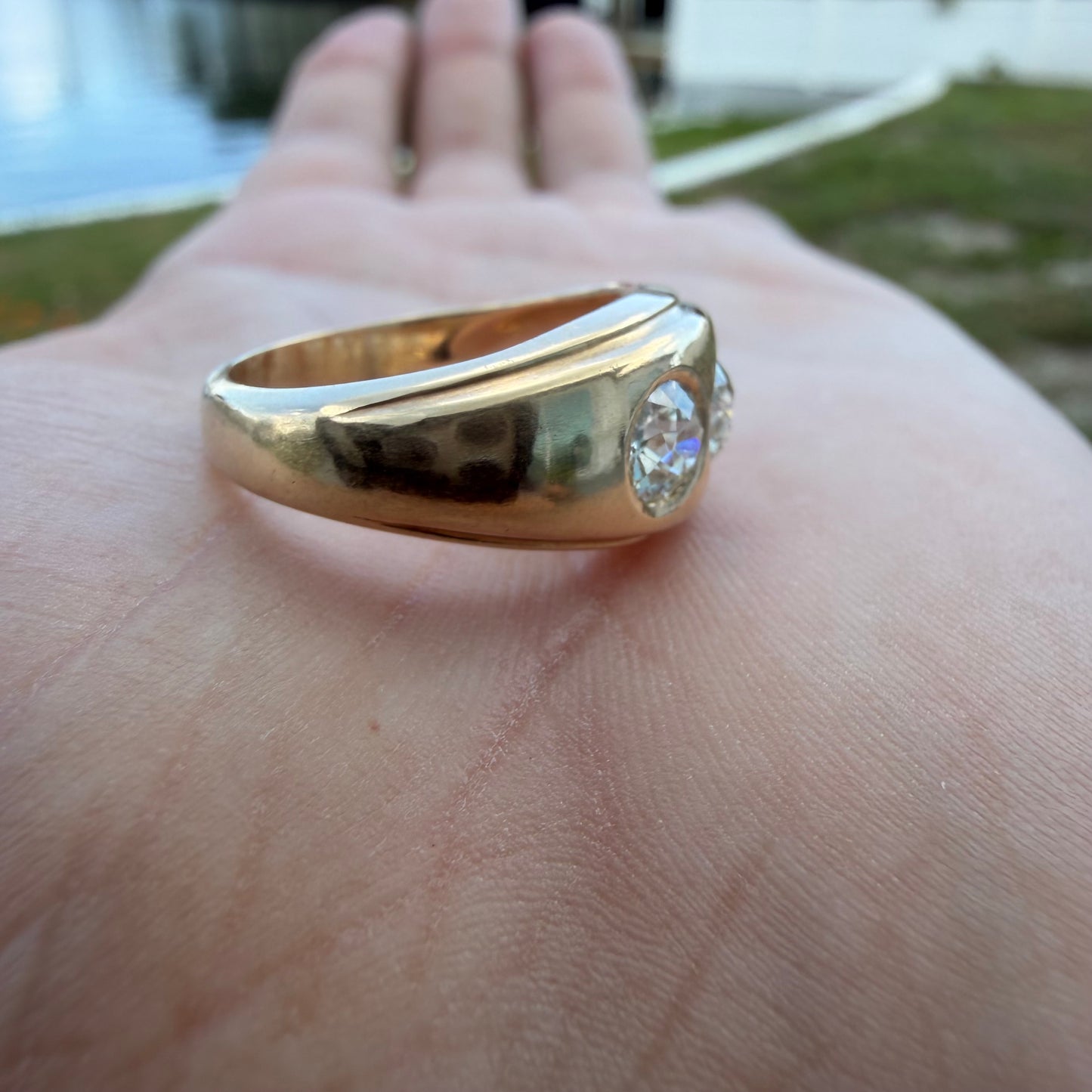 Art Deco Solid 14k Yellow Gold 1.20ctw Natural Old Cut Diamond Gypsy Trilogy Ring (6.5)