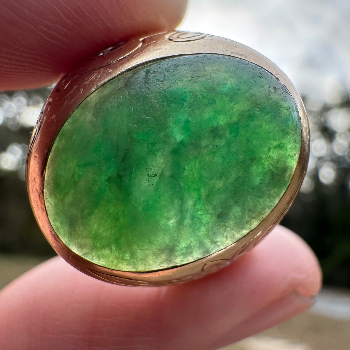Art Deco Solid 14k Yellow Gold Jade & Diamond Dragon & Floral Carved Signet Ring By Larter And Sons (9.5)