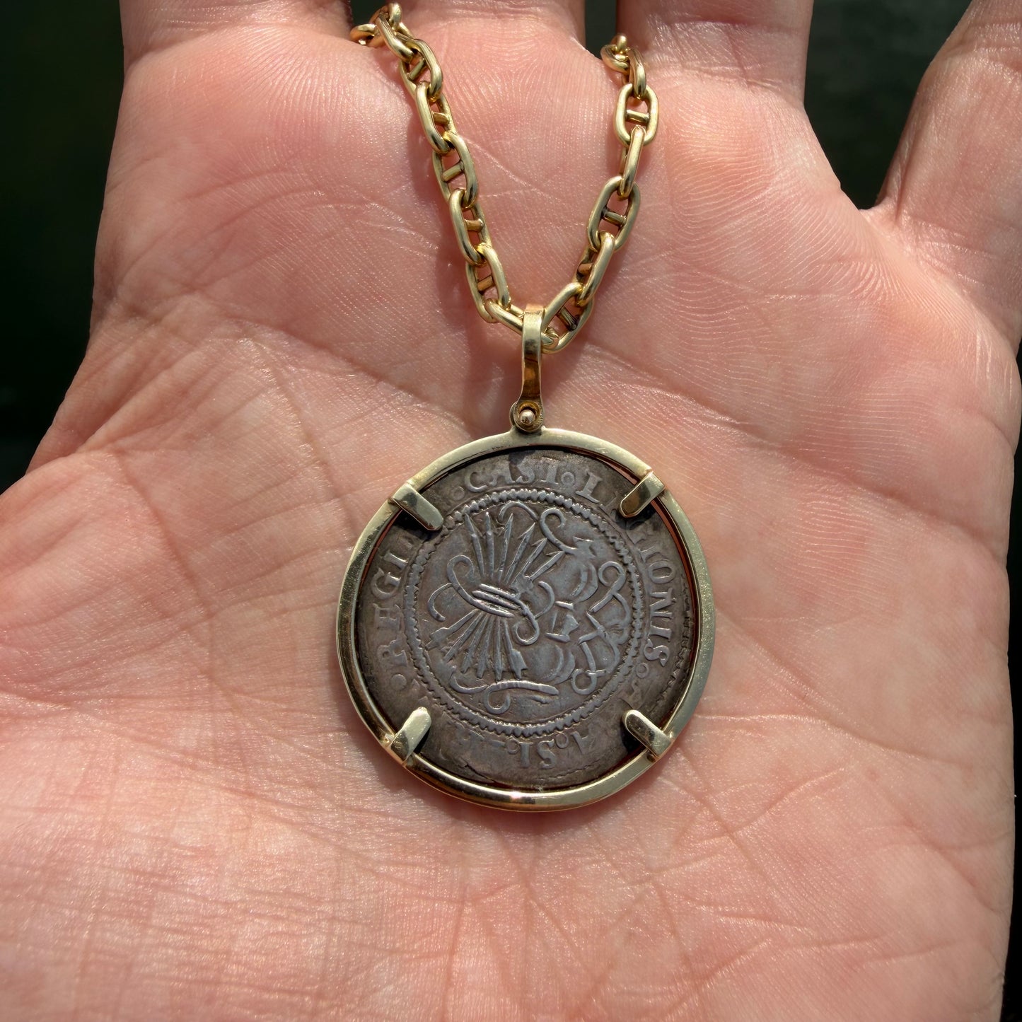 RARE 1474-1504 Silver Catholic Kings Seville 2 Reale Coin 14k Yellow Gold Pendant Retrograde R Counterstrike