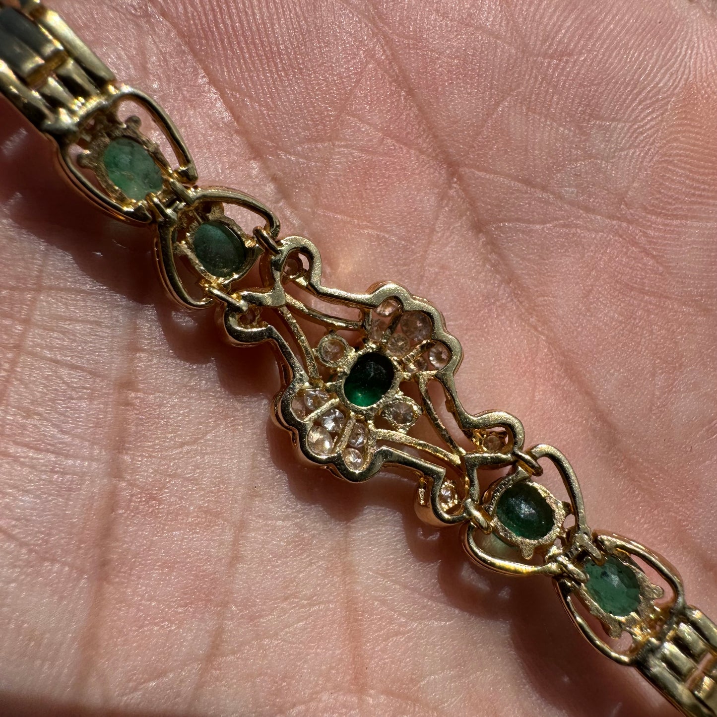 Vintage 18k Yellow Gold 3.25ctw Natural Columbian Emerald And Diamond Panther Link Bracelet (7.25”)