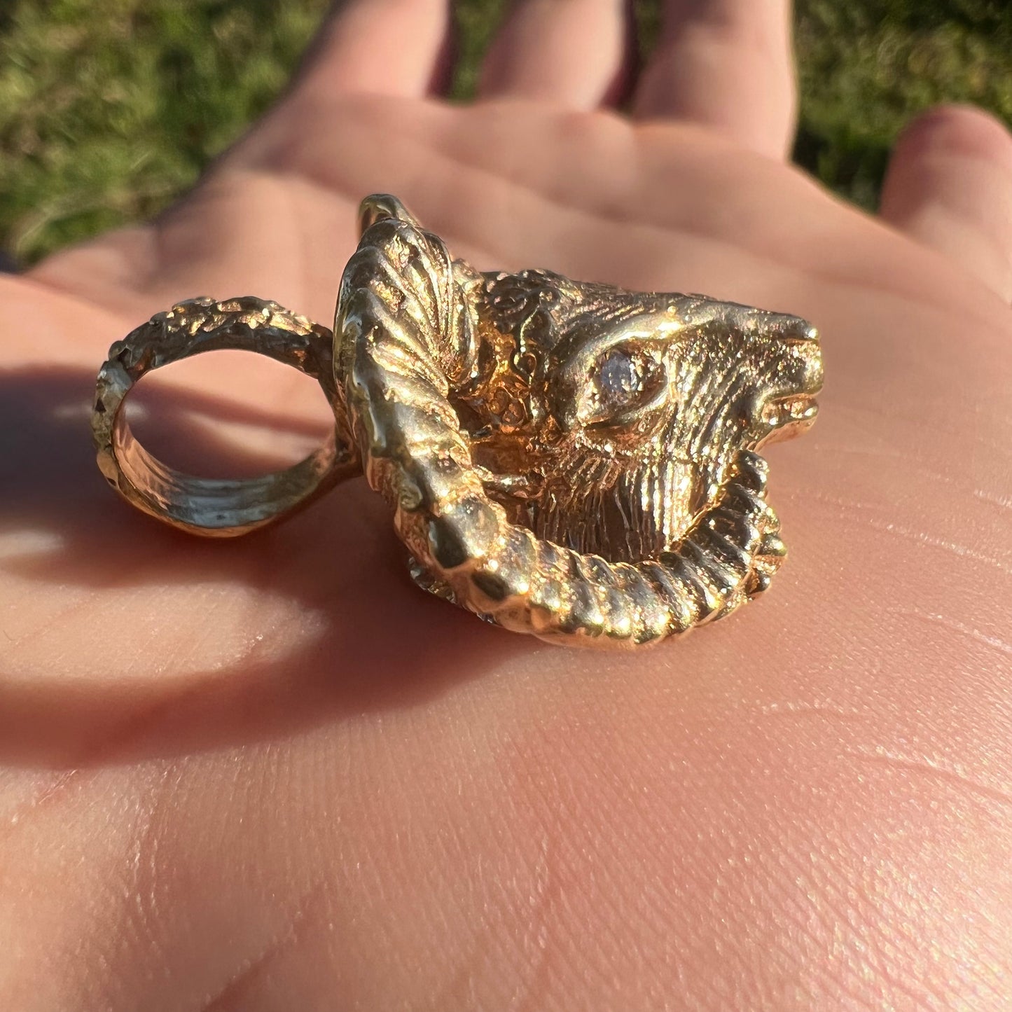 Vintage Solid 14k Yellow Gold Custom Diamond Encrusted Ram Pendant