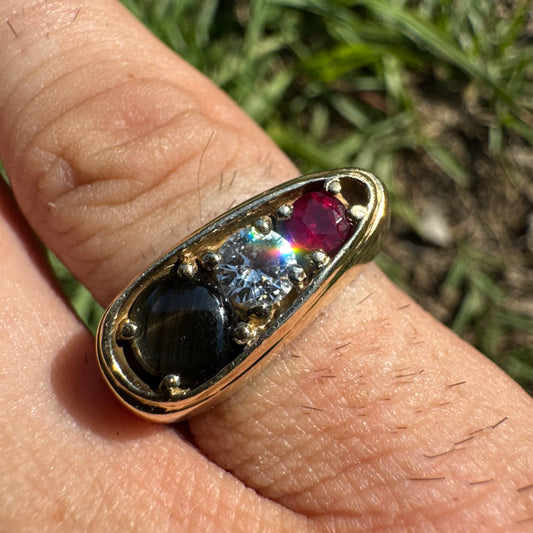 Vintage Solid 14k Yellow Gold .40ct Natutal Diamond, Ruby, Black Star Sapphire Chunky Modernist Ring (7.75)