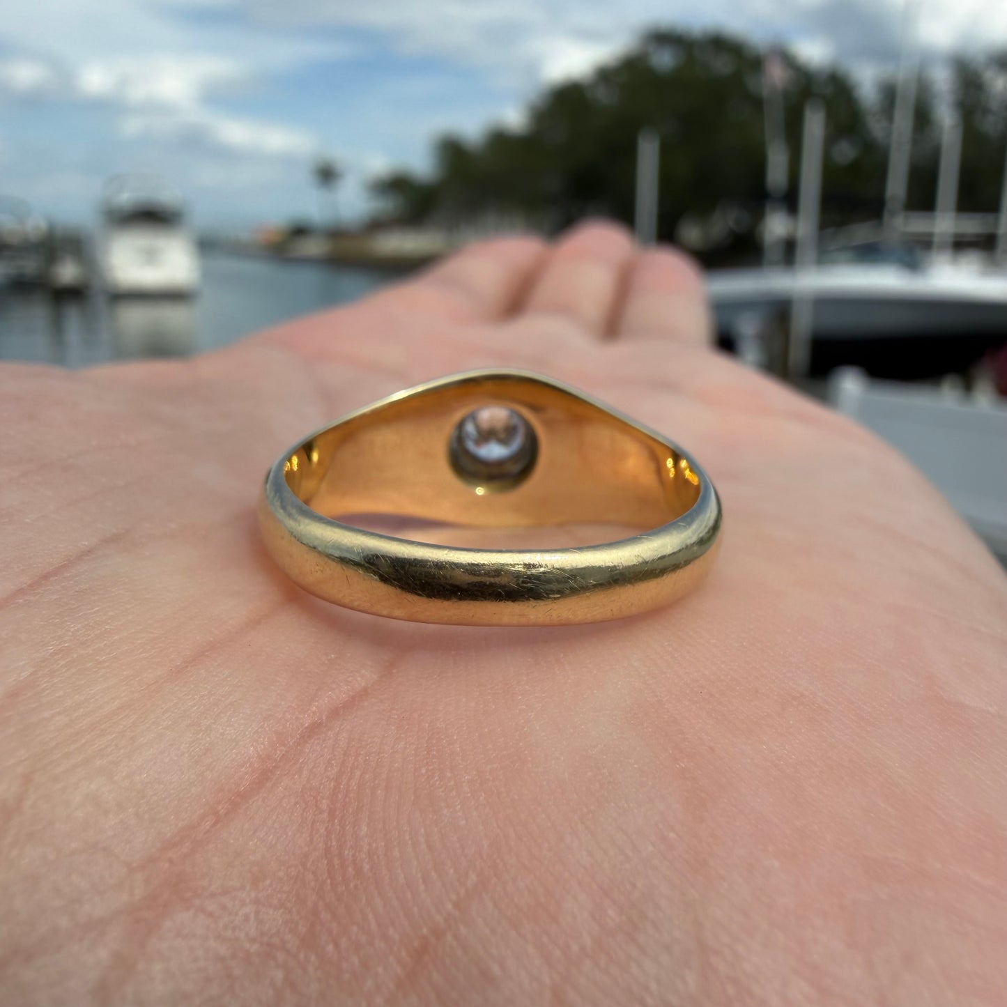 Art Deco Solid 14k Yellow Gold .40ct Natural VS Old Euro Cut Diamond Rub Over Gypsy Ring (8.5)