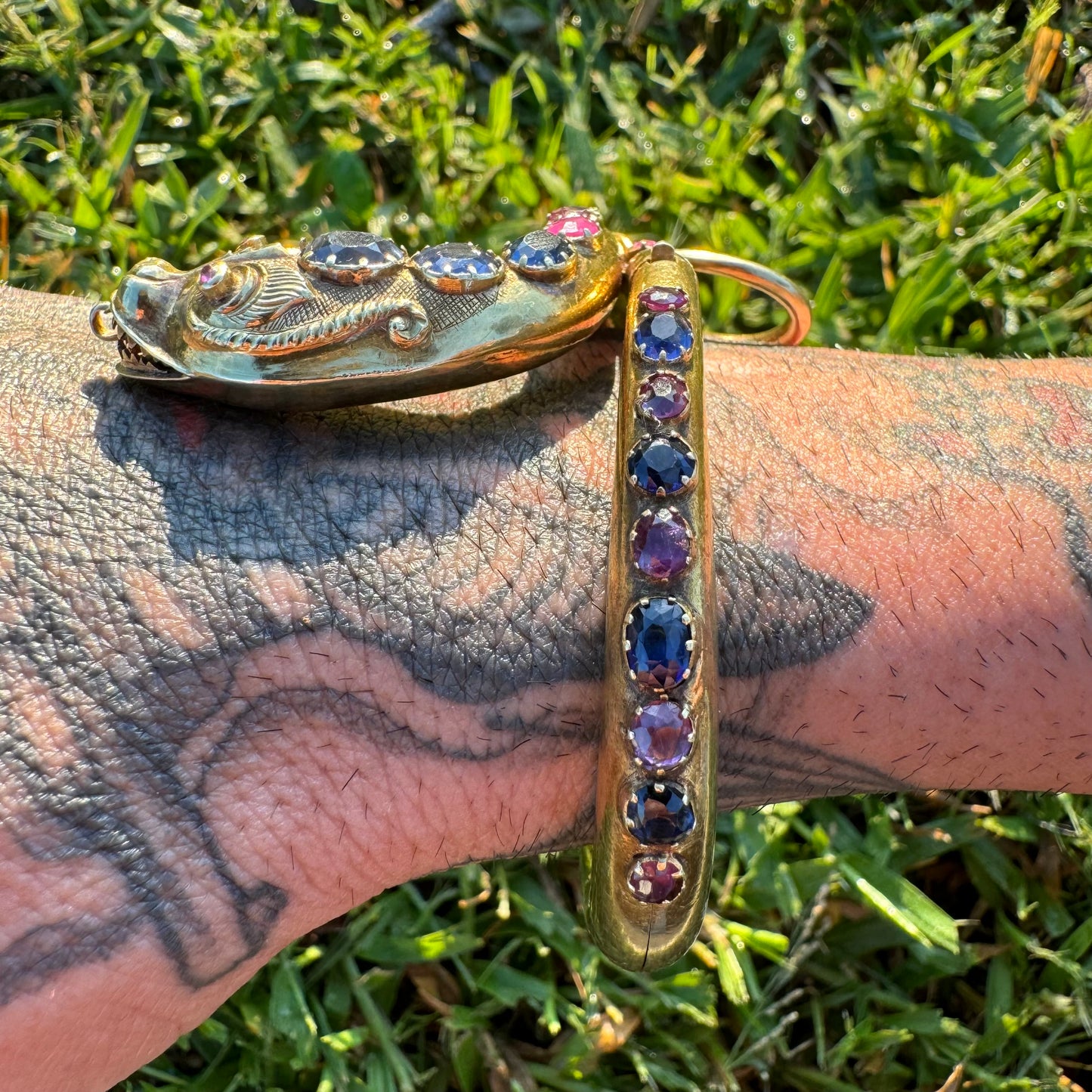Mid 1800’s 15k Yellow Gold Blue And Pink Sapphire Encrusted Snake Bracelet (6”-7”)