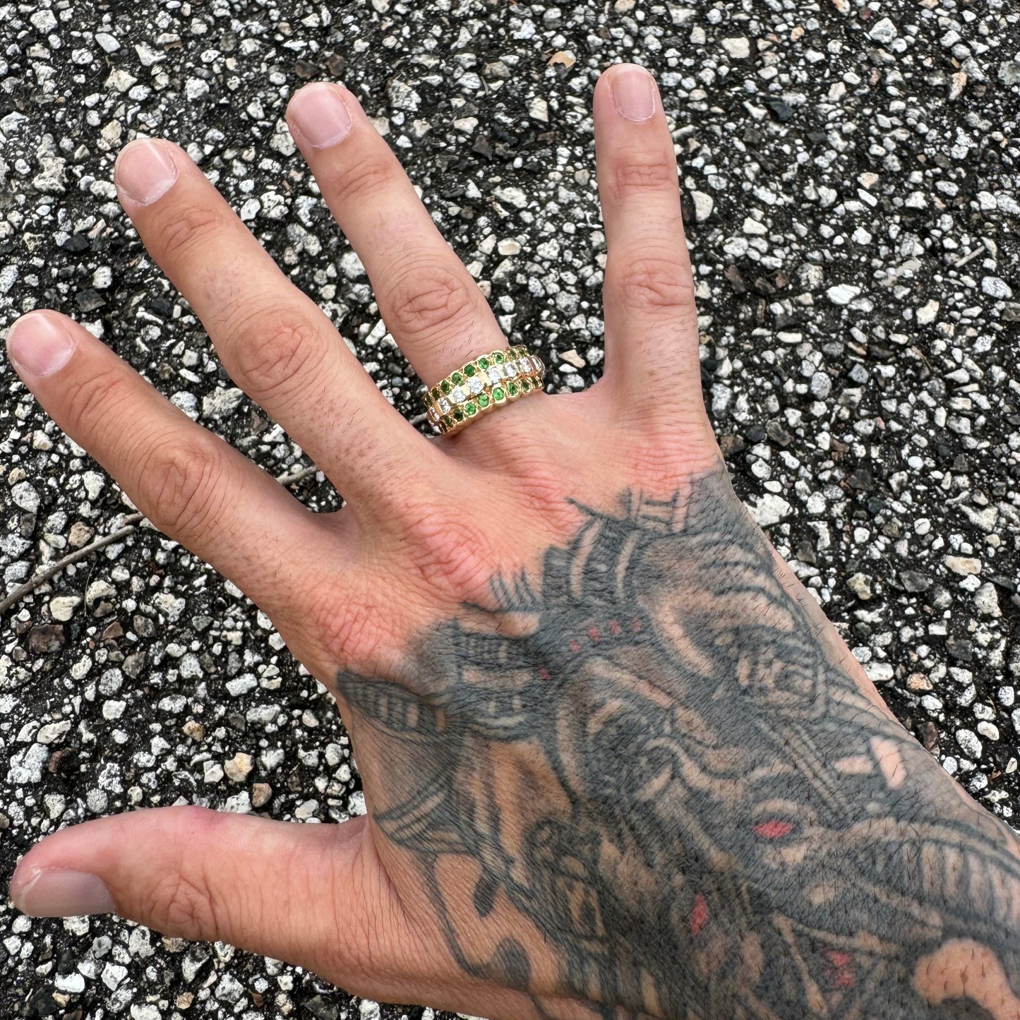 Vintage Handmade Solid 14k Yellow Gold 1.0Ctw Natural Diamond/1.25Ctw Tsavorite Garnet Ring (7.5)