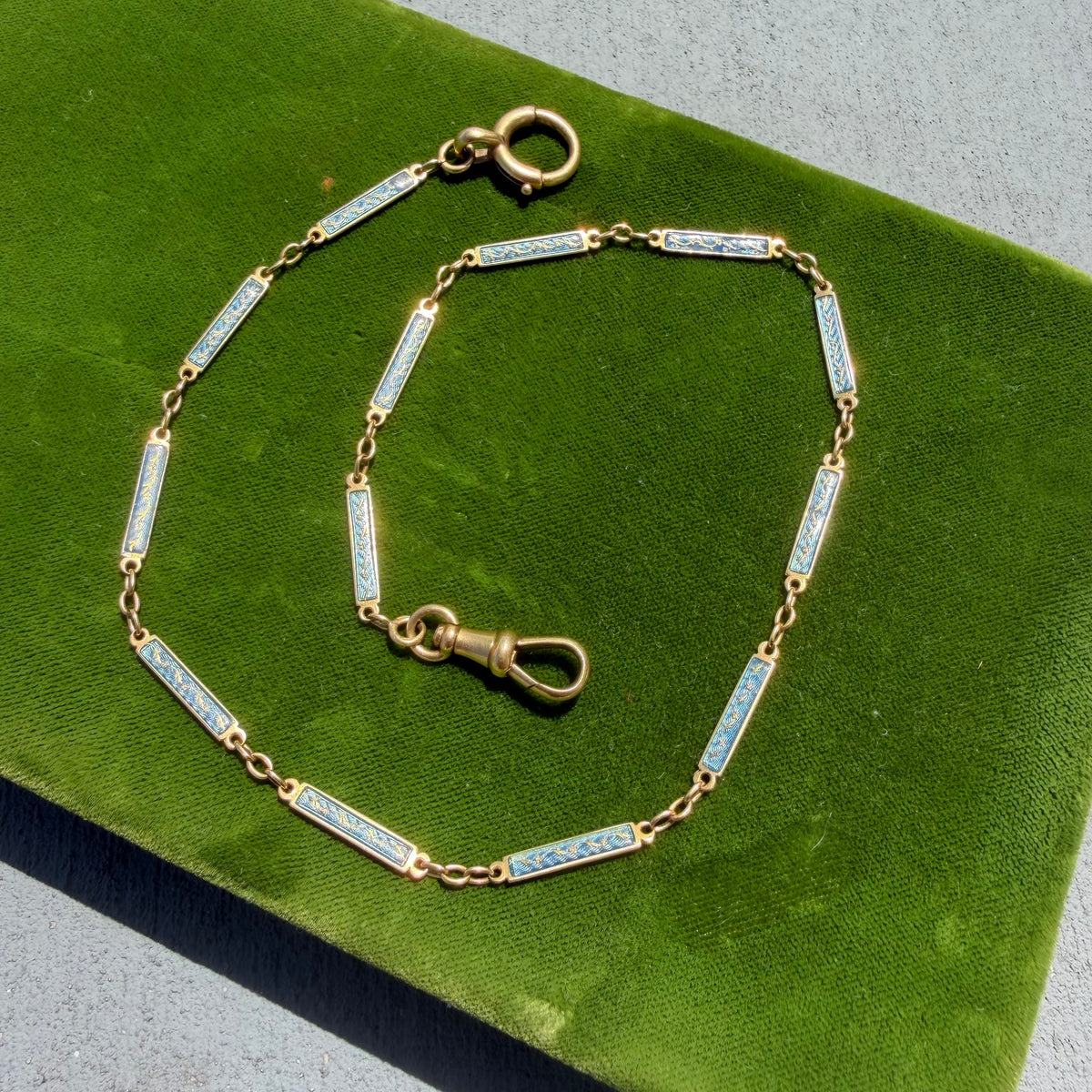 Victorian French 18k Yellow Gold Guilloche Enameled Watch Chain Cigar Cutter Fob Necklace Set (14”)