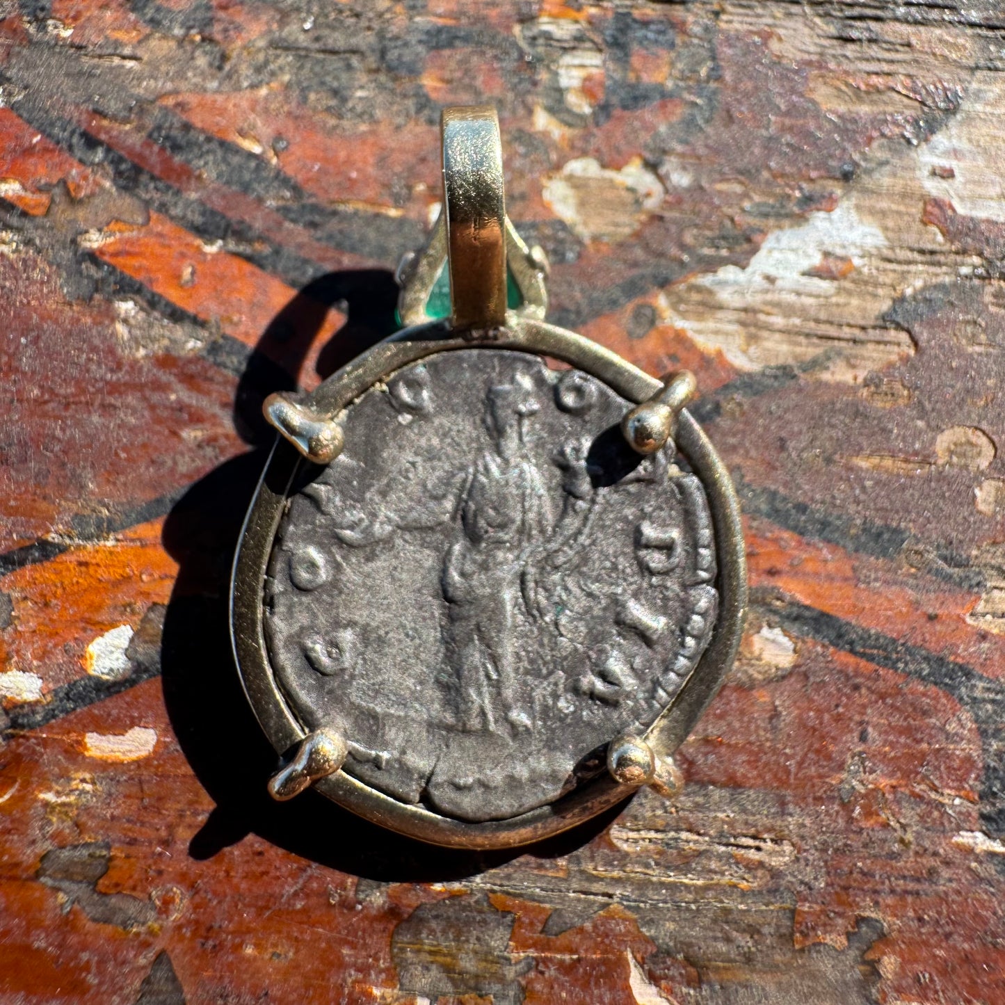 178 A.D Crispina Roman Empress Silver Denarius Solid 14k Yellow Gold Raw Emerald Pendant