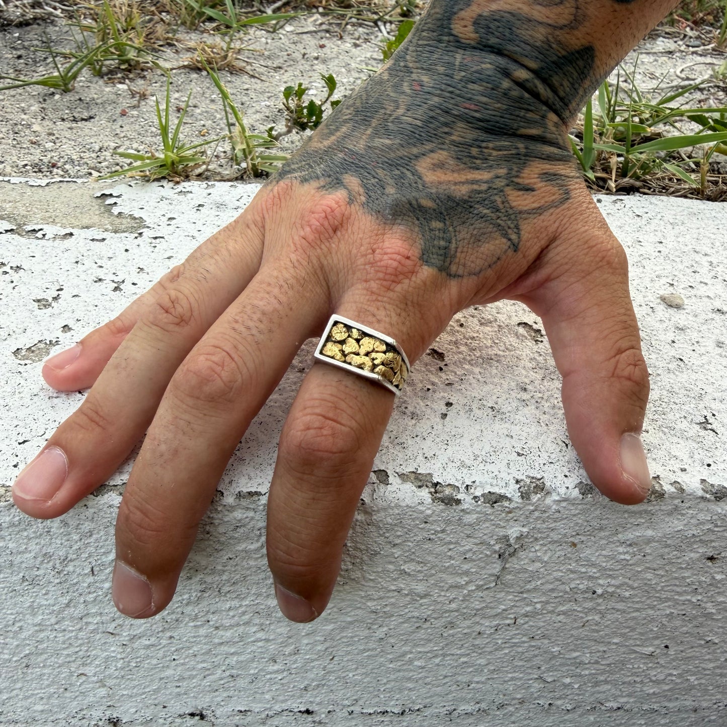 Vintage Solid Sterling Silver 23k Raw Natural Gold Placer Nugget Signet Ring (11)