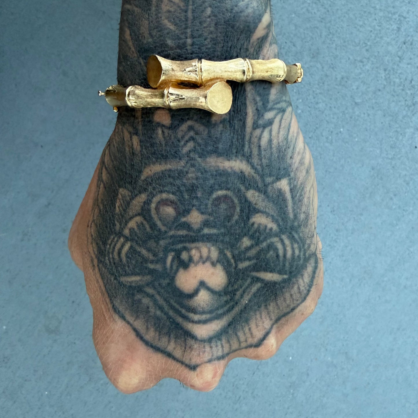 Vintage Designer Made Solid 14k Yellow Gold Bypass Bamboo Hinged Bangle Bracelet (5.75”-6.75”)