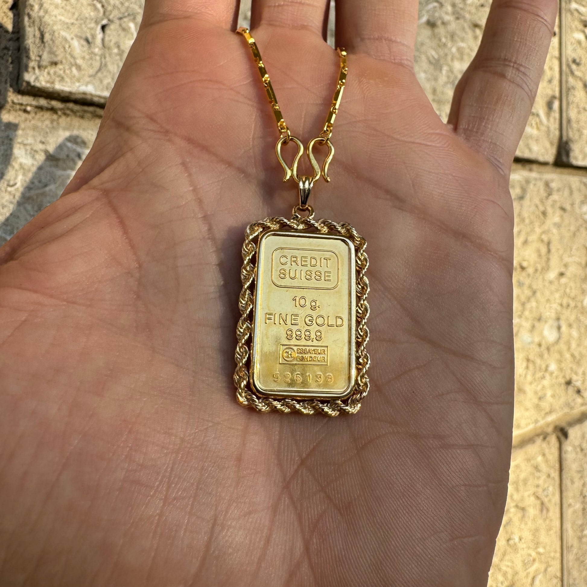 24k Gold Chain Solid Gold Bar Pendant Lady Fortuna PAMP Suisse