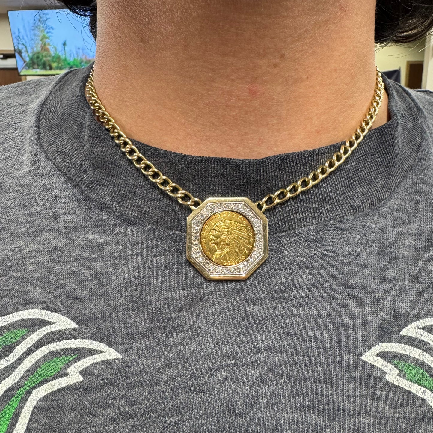 1908 $2.5 Gold Indian Head Coin Natural Diamond Curb Link Necklace (16”)