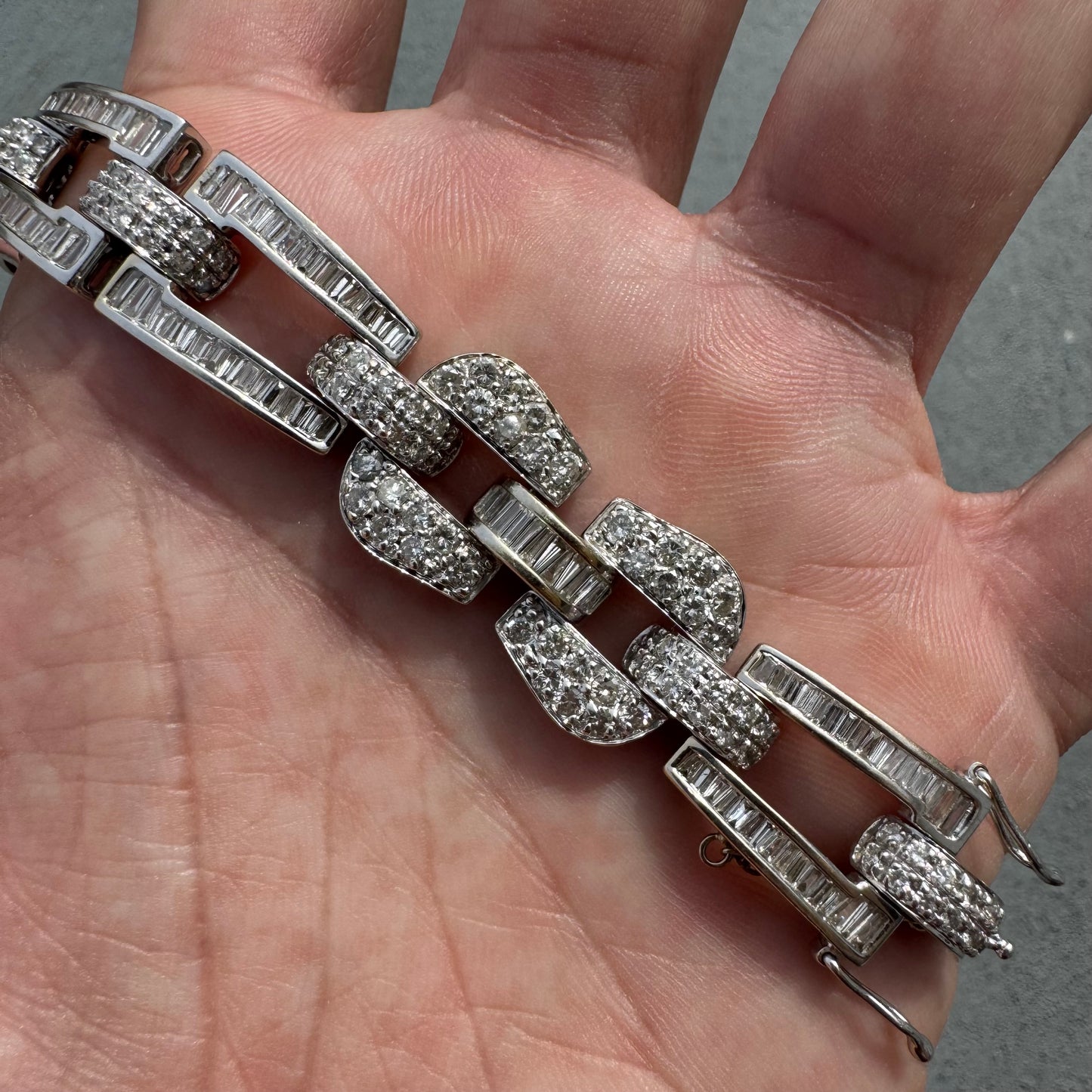 Art Deco Solid 18k White Gold Heavyweight 12.5ctw Natural Diamond Bracelet (8”)