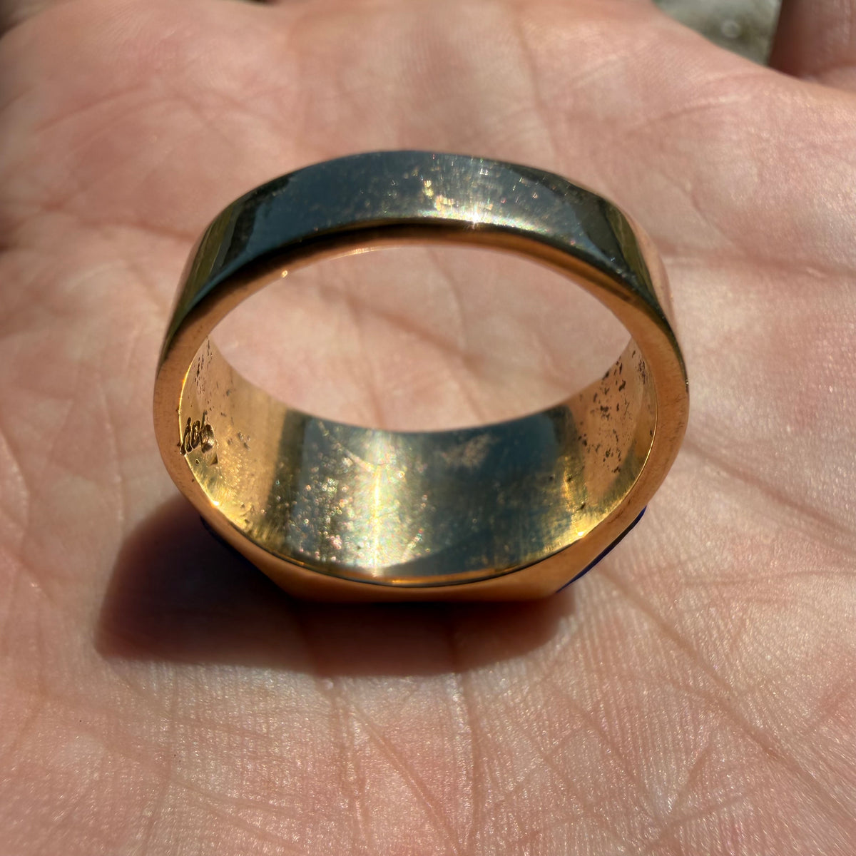 Vintage Solid 14k Yellow Gold Native Southwestern Artist Signed “Gay” Opal And Lapis Inlaid Signet Ring (10.5)